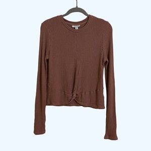 TOPSHOP Long Sleeve Waffle Texture Top Front Twist Accent Mauve Dusty Rose 12